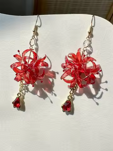 Women Red Lycoris Radiata Flower Ear Hooks Jewelry Vintage Handmade Hanfu Cheongsam Earrings Jewelle