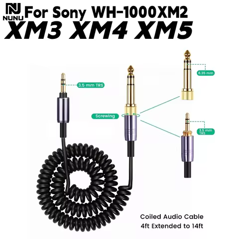 3.5mm to 3.5mm & 6.3mm Adapter Spring Relief Coiled Headphone Cable for Sony WH-1000XM2 XM3 XM4 XM5 