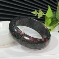 獨特梅花玉手鐲54MM 黑底紅花綠葉長石寬鐲手環 飄然欲落美輪美奐