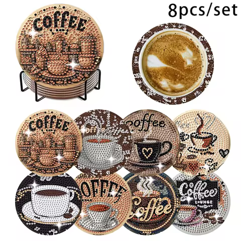 Flash Diamond Special Offer, a set of 8pcs coffee enthusiast themed DIY diamond painting coaster set