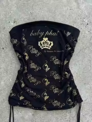 2026 New American Y2K Hot Girl Crop Top Black Base Gold Foil Baby Phat Crown Print Drawstring Waist 