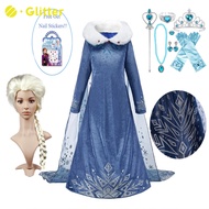 Dress for Kids Girl Frozen Elsa Cosplay Costume Winter Blue Long Sleeve Queen Princess Dress with Cape Wig Crown Gloves Outfits for Girls Party Wedding Clothes