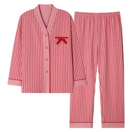 100% Cotton Pajamas Womens Spring and Autumn Long-sleeved Striped Cardigan V-neck Cotton Korean Suit