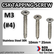 SS CSK Self Tapping Screw - 3mm (#4) x 10mm ~ 25mm (1 pieces) (Stainless Steel 304) (Skru kayu) ST2.9