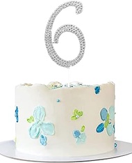 WUNZILO Number 6 Cake Topper Rhinestone, 0-9 Number Rhinestone Cake Topper, Anniversary Cake Decorat