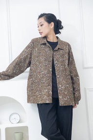 杏色碎花立領外套 橄欖綠色