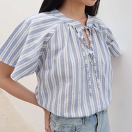 Theremin New Magnolia Top (blue stripes) เสื้อแขนกระดิ่งคอจีนลายทางสีฟ้า