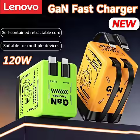 Lenovo GaN 120W Fast Charger Retractable Type-C Ligting Cable Portable Multi-Device Folding Adapter 