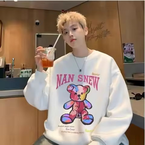 Men Sweatshirts Oversized Fashion Fun Cartoon Color Bear Print Hoodie Casual Long Sleeve Sweatshirt 