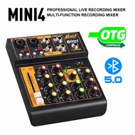Audio Mixer mini4 Channels Portable Mini Musical Mixer Multifunctional Audio DJ Mixing Console Sound Card, Bluetooth, USB Interface, 48V Phantom Power for PC Recording, Singing