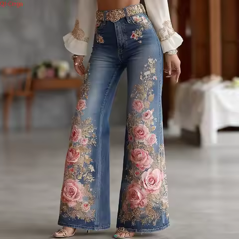 2026 Spring New Arrival Women's Blue Jeans, 3D Printed Accents, Black Stretch Denim Trousers. Americ