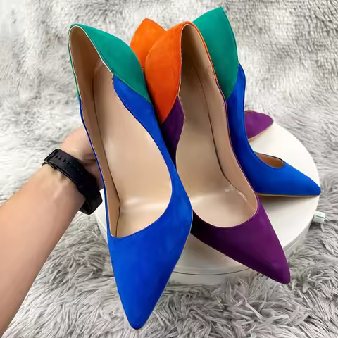 CACA 12cm Mixed Colors High Heels,Women Pumps,Spring Flock Shoes,Side Shallow Wave Shape,Blue,Orange