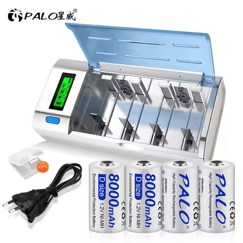 PALO 1.2V D Size NIMH Battery 8000mAh Type D LR20 R20 Rechargeable Batteries +LCD Smart Charger for 