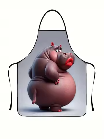 Funny Cartoon Hippo Apron - Loose Fit Unisex Kitchen Apron with Back Tie Durable Fabric for Cooking 