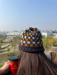 夢幻水晶球毛帽。中性款。日本線手工編織。深藍/黃/淺綠