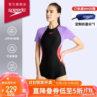 速比涛（Speedo）女士泳衣复古色块拼接短袖连体泳衣女 81294715476 黑色/紫色 36
