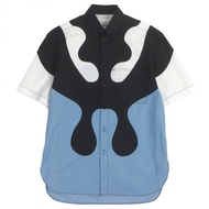 成色極佳：BURBERRY 8051924 100%純棉顏色短袖襯衫，S碼，黑、藍、白三色拼接。正品，義大利製。男款。