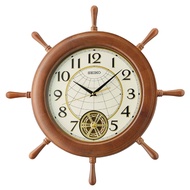 [𝐏𝐎𝐖𝐄𝐑𝐌𝐀𝐓𝐈𝐂] Seiko QXC242B Maritime Ship Wheel Design Wooden Case Rotating Pendulum Quiet Sweep Analog Wall Clock