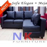 Sofa kursi Ruang Tamu L Minimalis, sofa sudut kantor black kulit oscar + MEJA TAMU - JABODETABEK ONLY