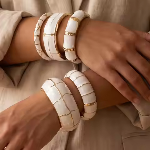 Punk Irregular Enamel Chunky Spring Bracelets for Women Boho White Oversized Arm Bangles Holiday Old