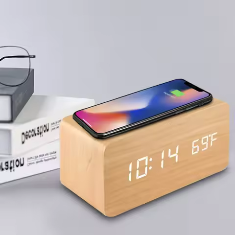 Wooden Digital Alarm Clock with Wireless Charging LED Clock with Time Date Temperature Desk Clocks f