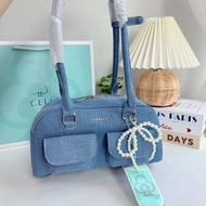 กระเป๋าสะพายไหล่ cicelle น้องเตาอบ ผ้าเดนิม สไตล์ modern แถมที่ห้อยโบว์มุก งานแท้