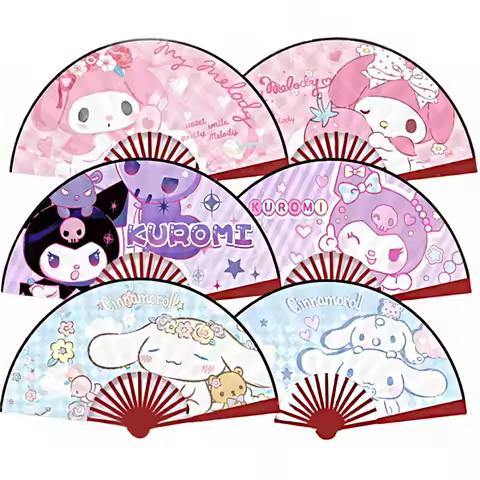 1 pcs Kuromi Folding Fan Anime My Melody Cinnamoroll Portable Folding Fan Wooden Shank Summer Hand F