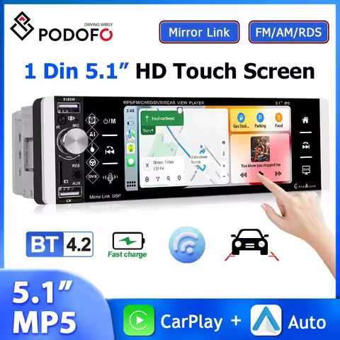 Podofo 1Din MP5 Player 5.1'' Car Radio Wireless Carplay Android Auto FM/AM/RDS Multimedia Player Mir