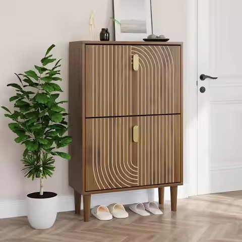Shoe Cabinet with 2 Flip Drawers,23.6" Walnut Hidden Shoe Storage Cabinet Line Groove Design,Freesta