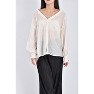 (((F) meier q Textured Spinning Yarn Thin Transparent v-Neck White Long-Sleeved Top Second-Hand Clot