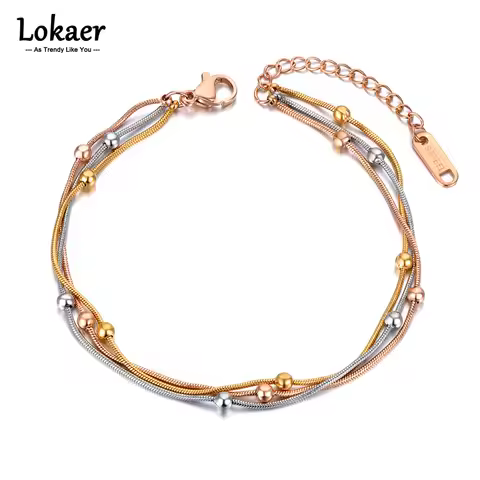 Lokaer Titanium Stainless Steel Three Gold Color Bracelet Fashion Bohemia Three Layers Beaded Chain 