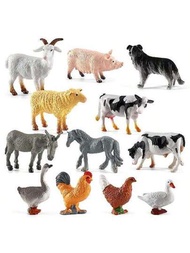 12入組動物農場模擬模型玩具,包括寵物狗、雞、鴨、天鵝、奔跑的馬、牛、羊和驢,適用於蛋糕裝飾、收藏和桌面裝飾