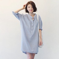 Skirt Cotton Linen Shirt S-3XL519 Striped Stand-Up Collar Mid-Length Short-Sleeved Loose Large Size 