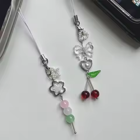 Dango Cherry mobile phone charm, glass beads with fruit keychain, Japanese aesthetic wallet bag acce