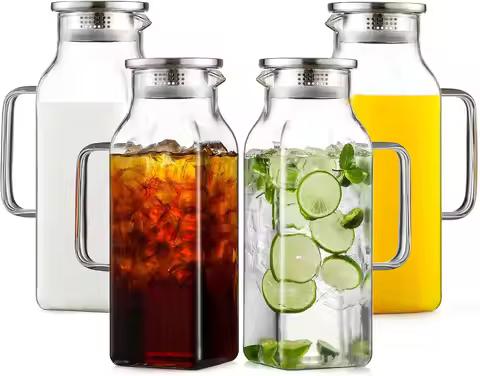 4-Pack 2L Square Glass Pitcher with Lid & Handle, Heat Resistant for Hot/Cold Drinks, Fridge Safe