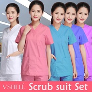 【TokTik Hot Style】 Free name Scrub Suit Set Scrub Baju Clothes Medical Suits for Women Short Sleeve Full Set Nurse Set H