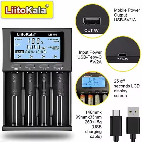 LiitoKala Lii-M4 Charger for 18650 26650 26660 Batteries with Separate Charging Capacity LCD Display