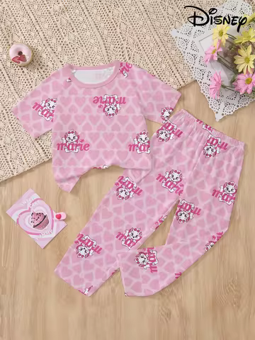 2-piece Disney Marie Cat Cute Cartoon Love Printed Pattern Short Sleeve Top and Pants Children's Paj