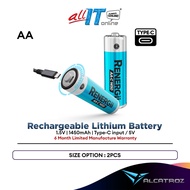 Alcatroz Renergii Rechargeablt Lithium Battery 1.5V 2xAA  Type-C Recharg 1450mAh W/Cable