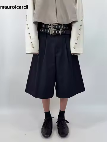 Mauroicardi Spring Summer Cool Handsome Black Double Waistband Shorts for Men Luxury Knee Length Str