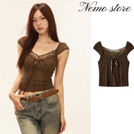 Nemo Women's Short-Sleeved Lace Shirt With Bow Tie Korean Style Slim Waist Soft Fabric Plain Color (