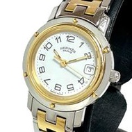 HERMES Clipper CL4.220 女士手錶，不鏽鋼/GP 石英機芯，白色錶盤/銀色和金色組合