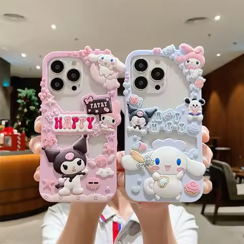 3D Sanrio Cinnamoroll Kuromi Soft Silicone Phone Cases For iPhone 14 Plus 13 12 11 Pro Max 7 8 Hollo