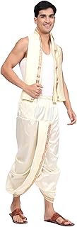Silk Ready to Wear Dhoti for men (Elastic Readymade Dhoti with Stole) (Cream), Cream, Free Size