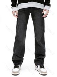 American Street เสื้อผ้าผู้ชายสบายๆสีดำตรงกางเกงยีนส์ Y2k ขากว้างหลวมกางเกงลำลองแฟชั่นผู้ชายแบรนด์เสื้อผ้า Denim