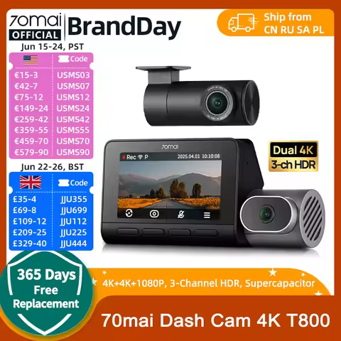 70mai Dash Cam 4K T800 with 4G Module UP04 Supercapacitor 3-Channel HDR Wifi 6 GPS Remote Control Re