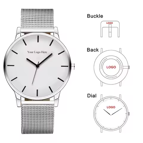 Custom Brand Name Men Watches Silver Stainless Steel Mesh Band Own Name Logo Watch Personalized Simp