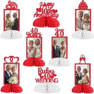 Cheereveal 8 Pieces Happy 40th Wedding Anniversary Honeycomb Centerpiece, Red Glitter Photo Table To