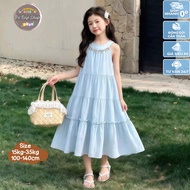 Girl's four-layer dress with collar decorated with stone trim, wrinkled summer silk material for gir