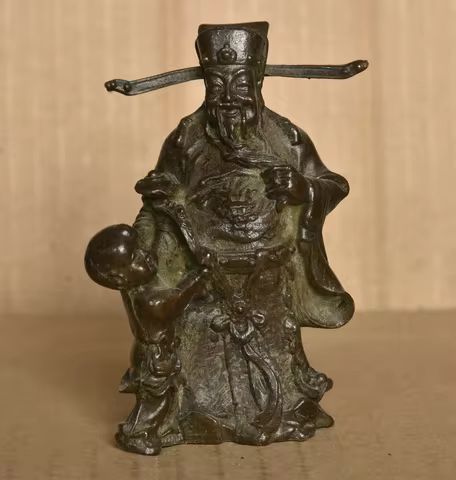 3.4" Old Chinese Bronze Fengshui Mammon Tongzi Wealth God Lucky Statue